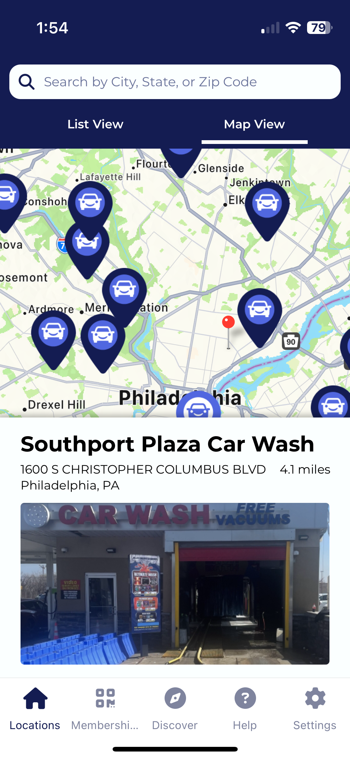 Locations map of EverWash unlimited car washes app